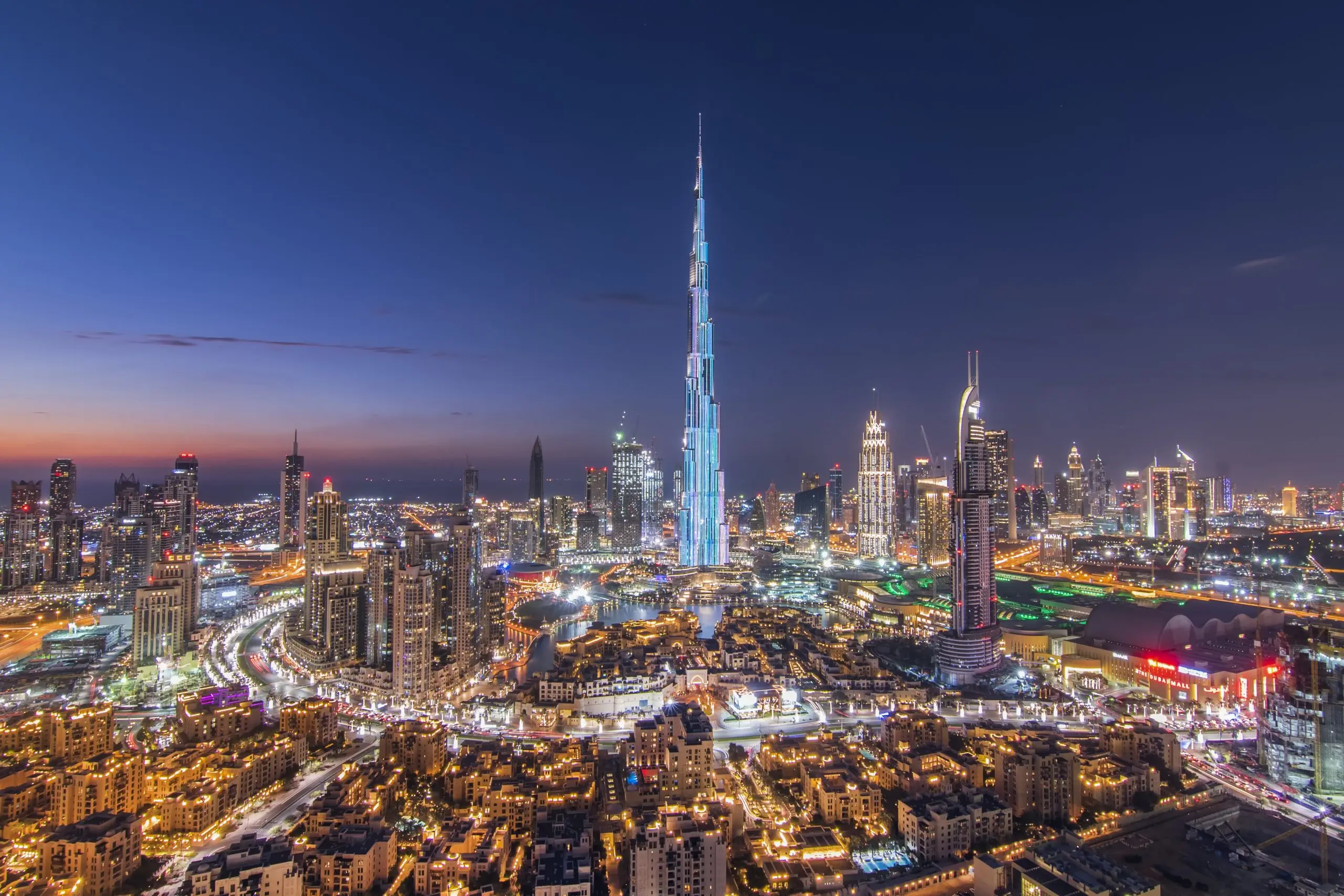 Dubai Downtown at night, glowing, top View